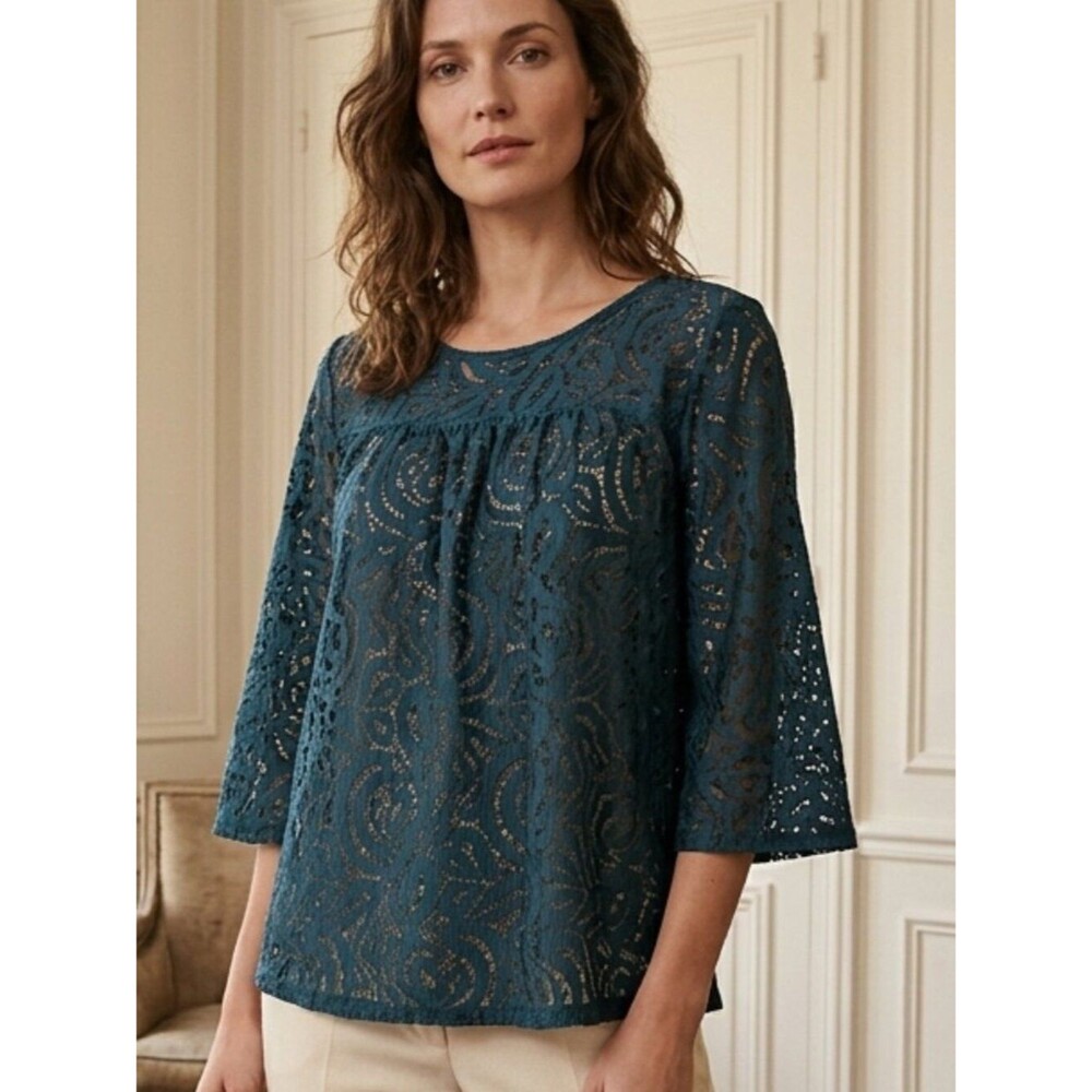 NWT Loft Outlet Teal Lace Overlay Top SP | Oversized 3/4 Sleeve